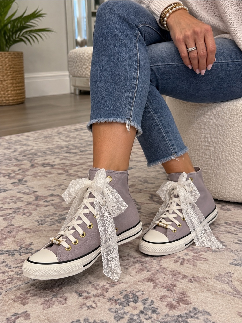 High-Top Lace-Up Sneakers in Lavender with Lace Bows